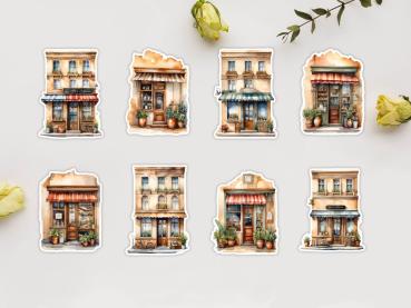 Preview: 8 Café Shop Sticker Set – Charmante kleine Cafés und Geschäfte Preview: 8 Café Shop Sticker Set – Charmante kleine Cafés und Geschäfte